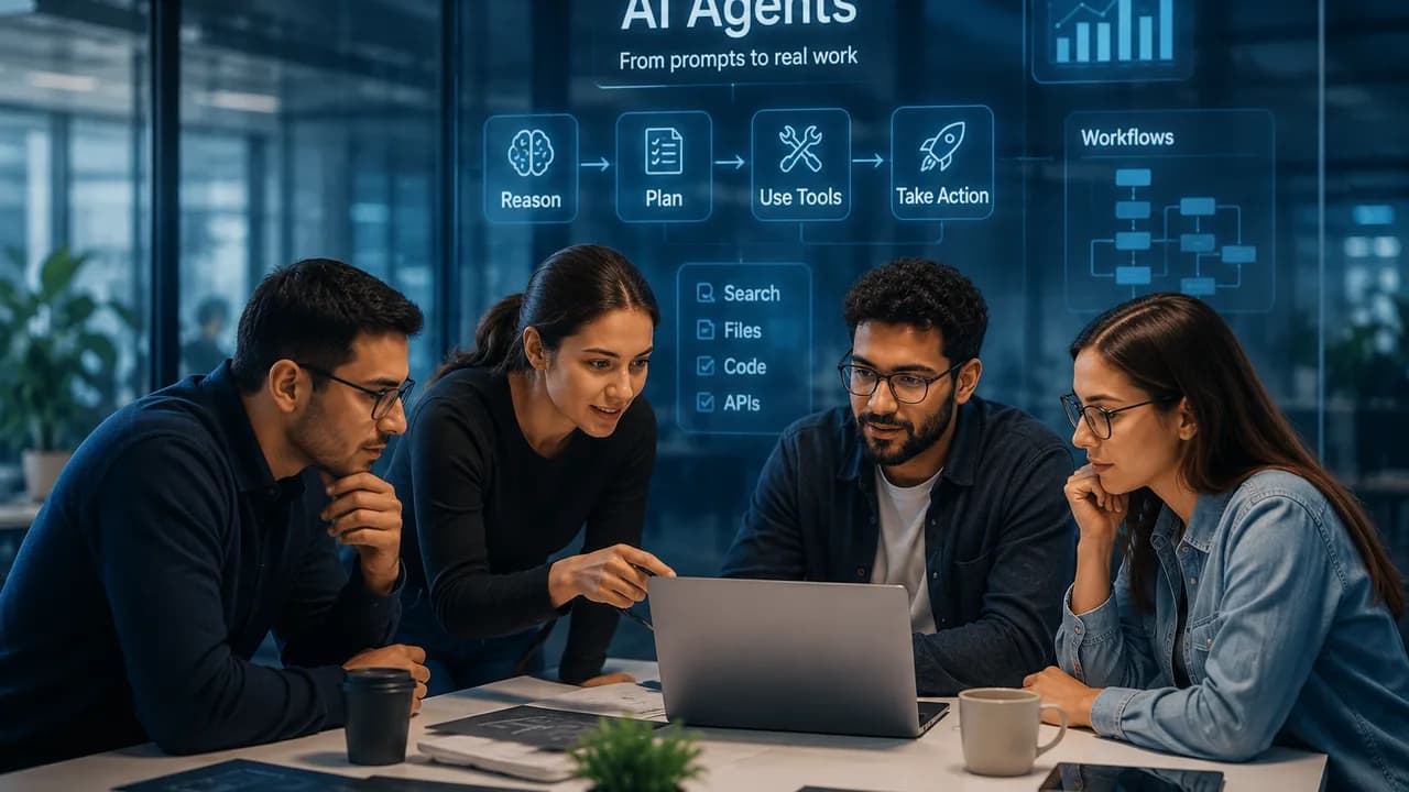 A modern technology team planning AI-powered workflows in a digital office
