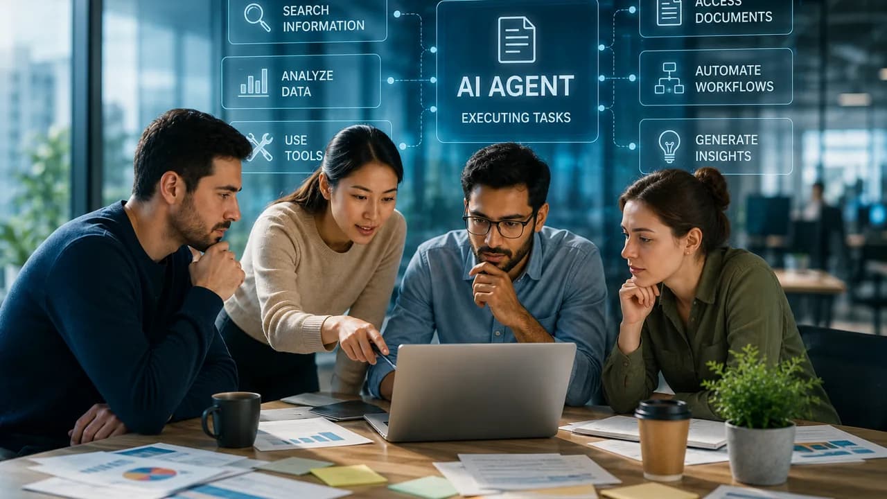 Coworkers discussing digital workflows around a laptop in a bright office